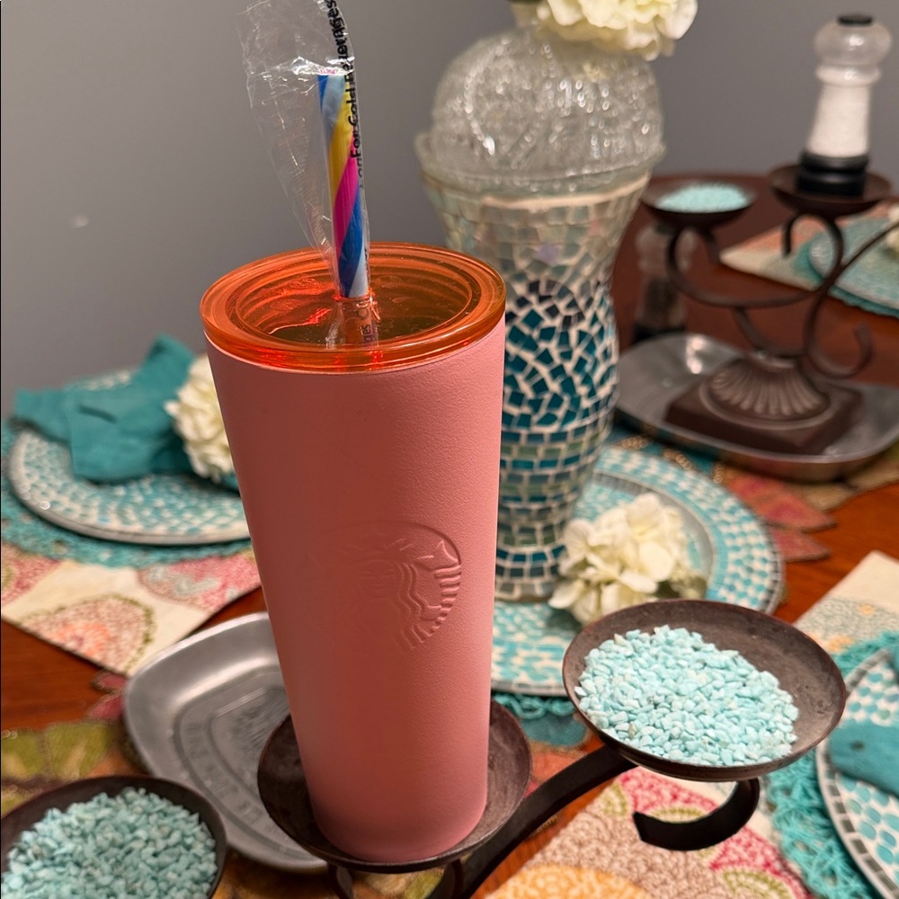 Starbucks Coral Tumbler with Bright Orange Lid